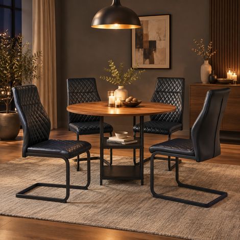 Set tavolo da pranzo rotondo 107 cm con 4 sedie, MDF e metallo nero/noce – MEUBLIV (1/5)