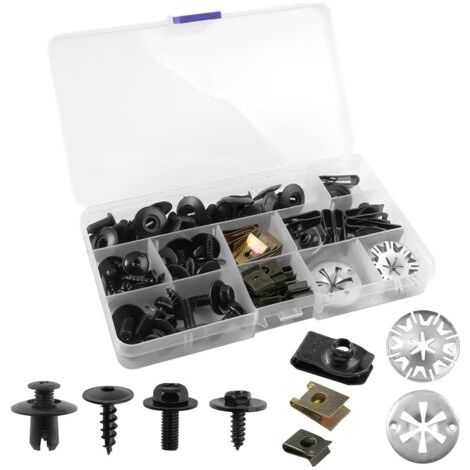 Kit de vis universel de carrosserie de 80 pièces, comprenant des clips en U, des fixations, des vis automobiles et des boulons de fixation, pour la réparation des capots de moteur et des ailes. (1/5)