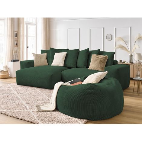 BOBOCHIC - Canapé d'angle réversible VOLTAIRE velours côtelé avec pouf Vert (1/5)