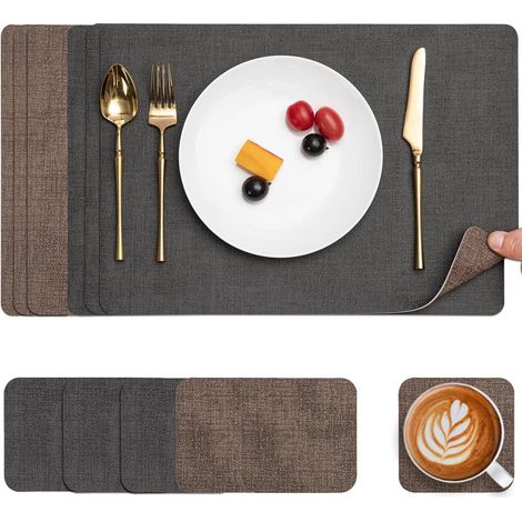Tischsets Abwaschbar Kunstleder Rutschfest Grau Braun 6er Set (1/5)