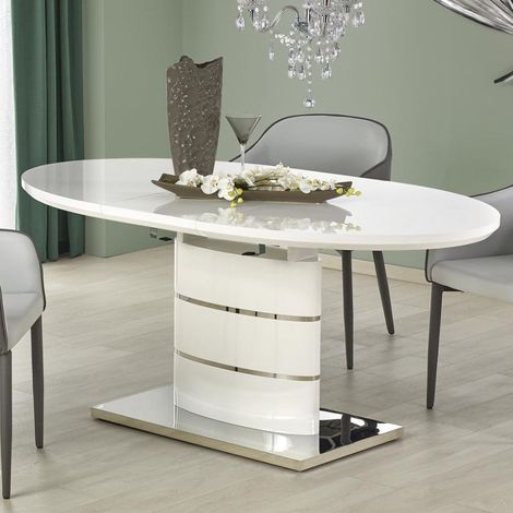 Table salle a manger ovale blanche laquée avec rallonge Ipson (1/5)