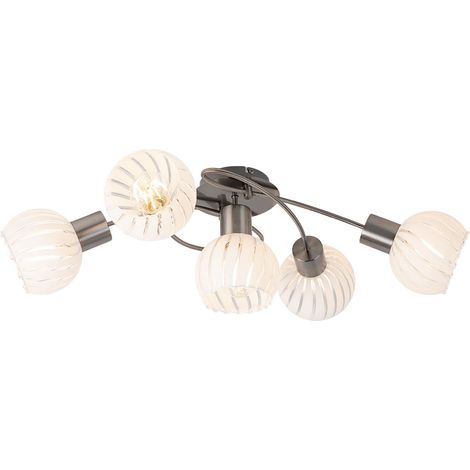 Deckenlampe Deckenleuchte Spotlampe Spotleuchte Wohnzimmerlampe, 5 Flammig Glas weiß klar Metall nickel, E27 Fassungen, LxBxH 69x43x24cm (1/5)
