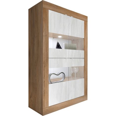 Vitrine 4 portes aspect bois finition Mercure façades blanc texturées et verre avec Leds - OTELLO