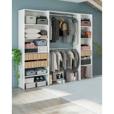 Dmora - Armario Worland, Dormitorio, Perchero con baldas y 3 cajones, 196x40h187 cm, Blanco y Roble (1/5)