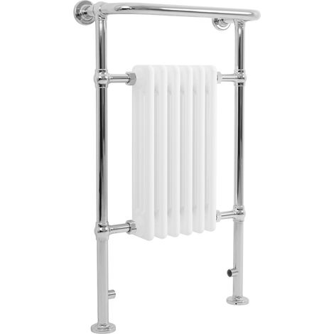 Radiador Toallero Tradicional de Baño 950x570 mm Blanco, Toallero Calefactable con Barra Cromada, 704 W, 6 Columnas, Estilo Clásico Vintage (1/5)