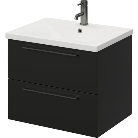Napoli 460 Matt Black 600mm Wall Mounted 2 Drawer Vanity Unit with Glide Basin - 600mm - Gunmetal Grey 320mm Handle