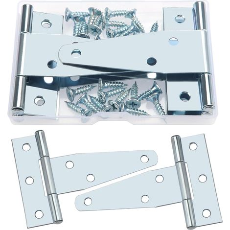 Charnières en T 7,6 cm, métal, 24 vis, portails, abris de jardin, fenêtres, clôtures, salles de rangement, argenté (1/5)