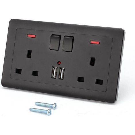 Double Switched Double Wall Plug Socket Switch Tablet with 2 Charger USB Ports 2 Sets of 13A Power Sockets Fireproof Charging Panel for Home Office (Black)