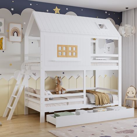 Letto a castello 90x200 cm per bambini - con graziose finestre e un tetto,  rete, scaletta, 2 grandi cassetti - Pino + MDF - bianco