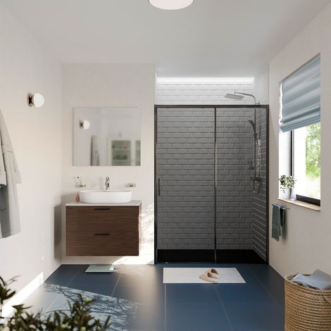 Ceramia PURA Porte de douche 140x195cm coulissante anticalcaire avec profilés Noir mat (CERAHP140BGG) (1/3)