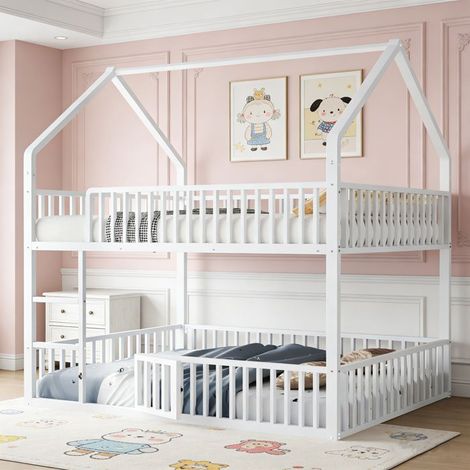 Letto sovrapposto per bambini 140x200, con scala, stile soppalco, letto matrimoniale, letto per bambini in metallo, bianco
