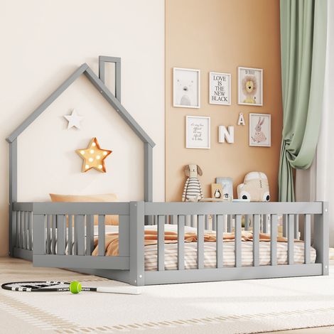 Lit enfant cabane cheminée 90x200 cm, sommier à lattes pin gris, style épuré, matelas non fourni, structure bois massif, chambre garçon/fille, design scandinave (1/5)
