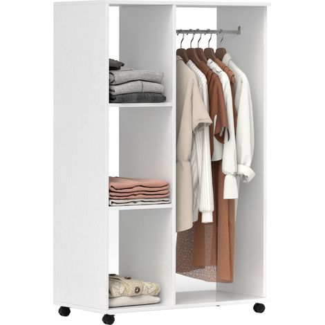 Mobile Wardrobe on Wheels with Clothes Hanging Rail and 3 Storage Shelves for Bedroom or Hallway, Stylish White Design
