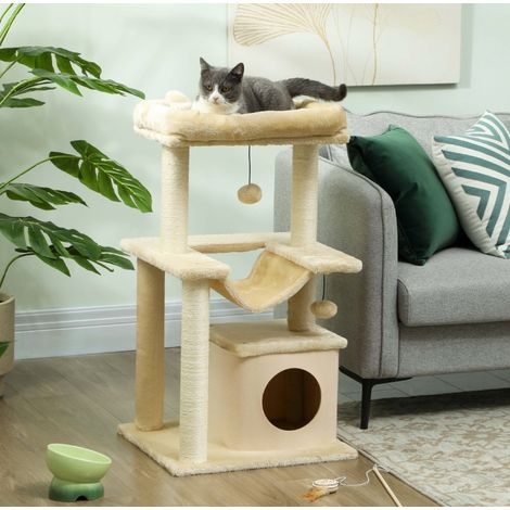 Albero tiragraffi per gatti 48x48x90 cm, cuccia con coperchio rimovibile, amaca, letto, pallina, poliestere bianco crema (1/5)