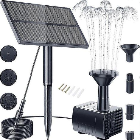 Pompe à fontaine solaire à 4 buses, adaptée aux bassins de jardin et aux abreuvoirs à oiseaux, alimentation solaire, débit d'eau réglable. (1/4)