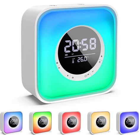 Réveil Lumineux avec Enceinte Bluetooth avec Lampe de Chevet LED avec 10 Changements de Couleur, Réveil à Calendrier Numérique, Radio FM et Affichage de La Température,Enceinte sans Fil Rechargeable