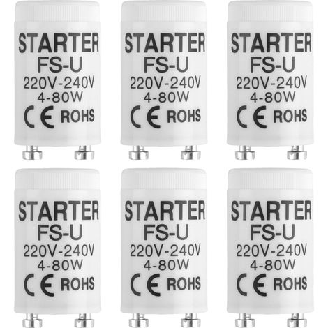 Starters Néon - Lot de 6 - Plastique et Métal - Allumage Rapide 4-80W - Pour Tubes Fluorescents et Aquariums - Universel 220-240V