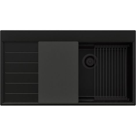 PRIMAGRAN Evier Cuisine en Granit 90x50cm,Lavabo 1 bac + Kit de Vidage + Accessoires, Évier à Encastrer au meuble 60cm - Sydney, Tout Noir (1/5)