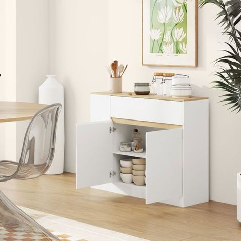 Buffet 105 x 30 x 81 cm à tiroir étagère réglable protection anti-basculement rangement intégré meuble d’appoint finition blanche (1/5)