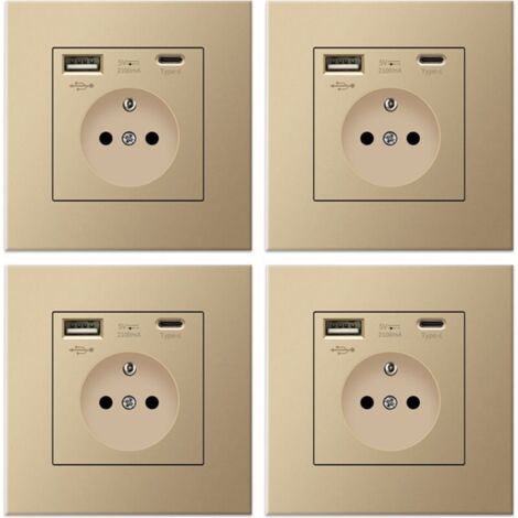 BARKBUSTERSLot de 4 prises murales avec USB et Type-C, 5 V 2,1 A, prise USB encastrée standard UE, multiprise France, 110-250 V (Doré) (1/4)
