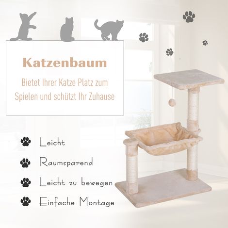 Arbre à chat 70 cm, petit arbre pour chat avec balle douce, poteau en sisal, plateforme spacieuse, hamac, griffoir, couleur beige (1/4)