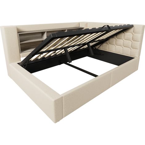 Letto contenitore imbottito 140x200 cm beige con LED, testiera a L, sollevamento idraulico e USB (1/5)