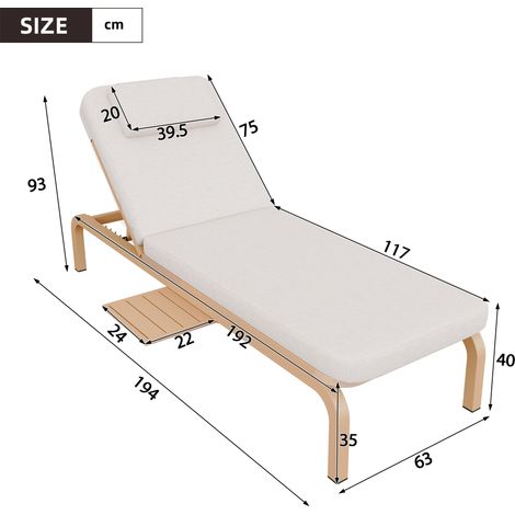 Chaise longue de jardin réglable, transat beige avec tablette extensible, appui-tête et dossier 5 positions, fauteuil extérieur confortable pour terrasse (1/5)