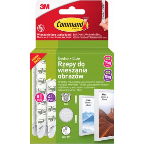 Velcro 3M Command pour accrocher des tableaux, blanc, lot de 12 paires, tailles M et L, jusqu'à 7 kg