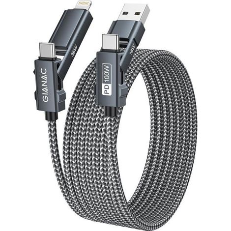 Câble multi USB 4 en 1-KAL-[2M]Nylon Charge Rapide Pour iPhone 14-16,MacBook,iPad,Samsung S21-S23 Avec USB-C,Lightning,USB-A (1/5)