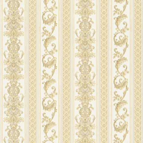 Papier peint baroque blanc & doré rayures Tapisserie baroque blanche & or chambre adulte Papier peint élégant pour salon (1/4)