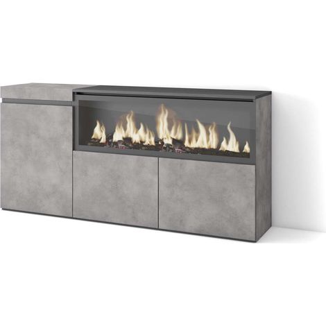 Aparador Benamargosa-01 de 158x35x75 cm con 3 puertas, chimenea eléctrica XXL, color gris (1/4)