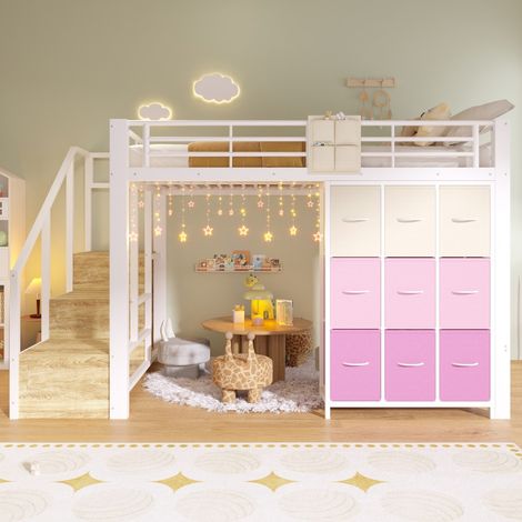 Lit Mezzanine Enfant 140x200cm - Lit Haut Métal avec Escalier de Rangement, Tiroirs et Tringle - Design Industriel - Blanc (1/5)