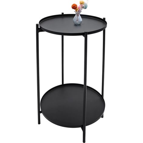 Beistelltisch Metall schwarz rund mit 2 Ablagen - 48 x 28 cm - Sofa Zustelltisch klappbar mit abnehmbarer Tablett Tischplatte