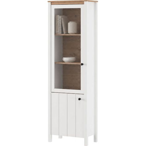 Vitrine Doreno, Ausstellungsregal mit 4 Böden, 2 Türen, mit Füßen, 60x34x191 cm, Mattweiß