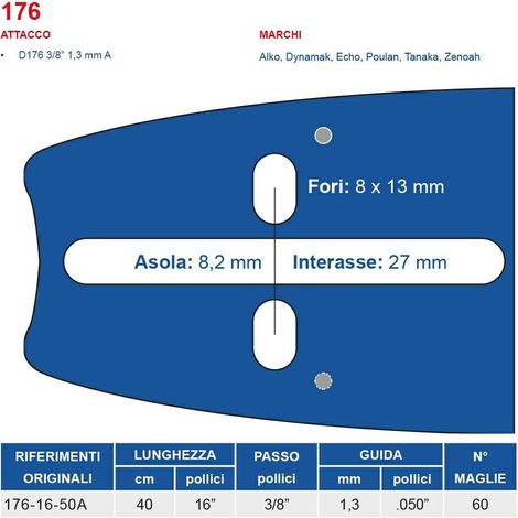 Barra motosega 40 cm - 16" passo 3/8", spessore 1.3 mm - .050" attacco 176, 60 maglie 451769