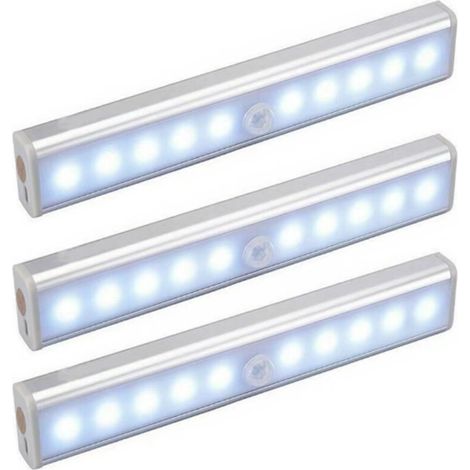Lot de 3 Lampes 10 LED, Sans Fil, Rechargeable par USB, Aimanté, Détecteur de Mouvement, Portable. Lumière de Placard, Baladeuse de Secours, Veilleuse Enfant, Appoint