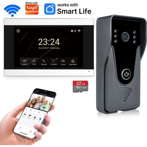 Système d'interphone vidéo WiFi sans fil, sonnette vidéo intelligente 1080P pour écran tactile domestique, carte 32G, Audio bidirectionnel, application TUYA, déverrouillage, 4 fils- (1/5)