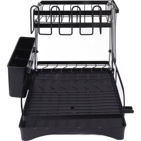 Égouttoir à vaisselle pliable double couche multifonctionnel avec plateau égouttoir pour plan de travail noir (1/5)