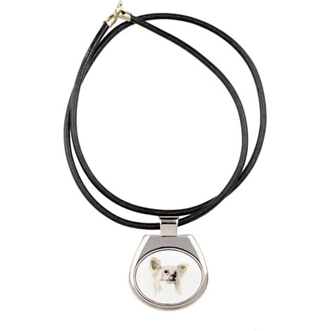 Collana con foto e iscrizione geometrica di cane crestato cinese, realizzata da Art-Dog. (1/3)