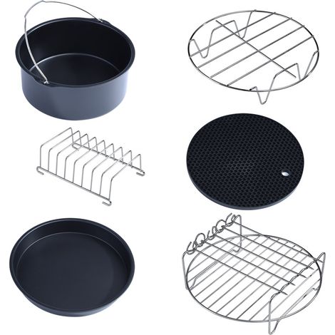 Kit 6 pièces accessoires friteuse à air, support métal, grille brochettes, moule gâteau, tapis silicone, plat pizza, cuisson saine (1/5)