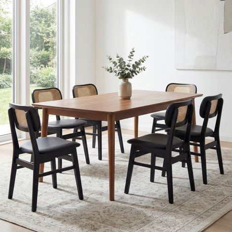 Wahson Lot de 6 chaises de salle à manger en bois avec coussin imperméable – Dossier en rotin tressé – Pieds en bois massif – Noir (1/4)