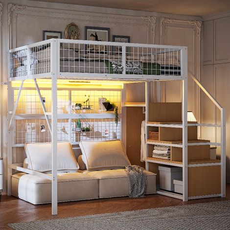 Metall Hochbett 140x200 weiß mit Treppe, Stauraum und Kleiderschrank - Jugendbett mit App-gesteuerter LED-Beleuchtung, belastbar bis 150 kg (1/5)