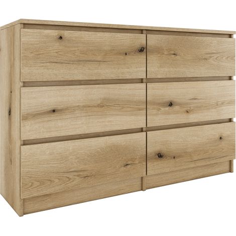 Topeshop – Commode scandinave 6 tiroirs 120x30x77 cm – Structure en panneaux de particules mélaminés – Finition aspect bois – Meuble de rangement moderne (1/4)