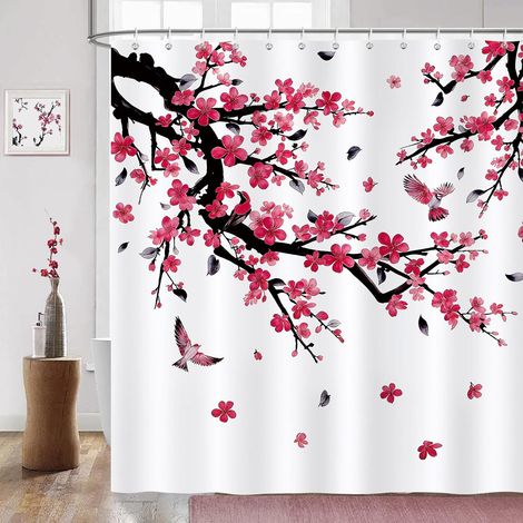 Rideau de Douche Fleur, Rideau de Baignoire Rose Rouge Prune Fleur Oiseaux 180 x 180 cm Polyester Imperméable Résistant à la Moisissure 12 Crochets (1/5)