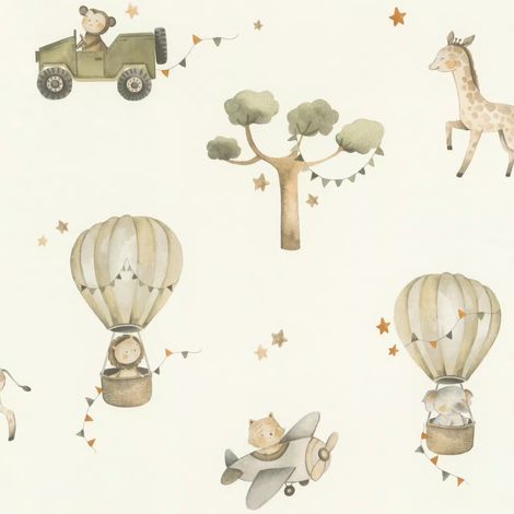 Kids Wallpaper Green Beige Safari Animals Balloons Nursery Adventure Theme (1/4)