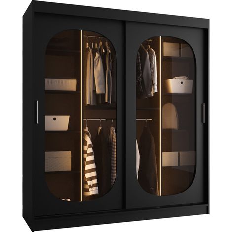 Armario Hartford 520, Negro, 200x180x62cm, Puertas de armario: Correderas, Número de estantes: 0, LED