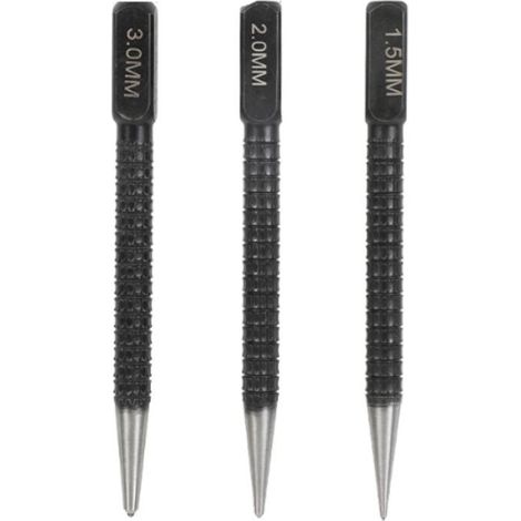 Lot de 3 Poinçon central 3 x 100 mm  Diamètre de la pointe 3 mm 2mm 1.5mm Outil de corps moleté  Outils de marquage en acier au carbone  Extrémités polies (1/5)