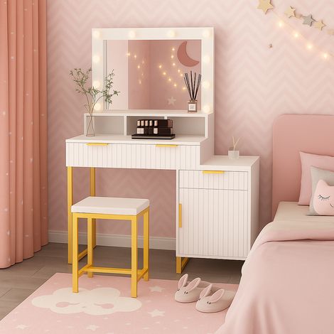 Dressing Table Set with Bulb Lights Mirror, Storage Cabinet and Stool - White and Gold - Hollywood Style (1/5)