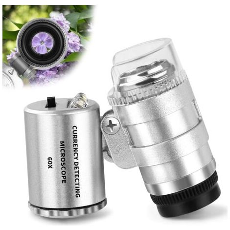Loupe de bijoutier 60X avec lumière - Mini microscope de poche - Loupe en pierres précieuses avec lumière LED/UV - Loupe grossissante - Trichome pour travail étroit, bijoux, pièces de monnaie (1/5)