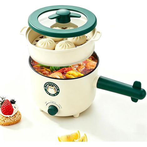 Cuiseur électrique multifonctions avec panier vapeur, 1,5 L, antiadhésif, pour pâtes, steak, œufs et flocons d'avoine. Idéal pour les voyages (1/5)